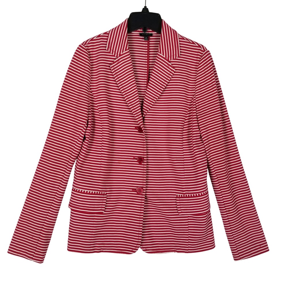 Talbots Blazer Women M Red White Striped Cotton Blend 3-Button Jacket VN1953